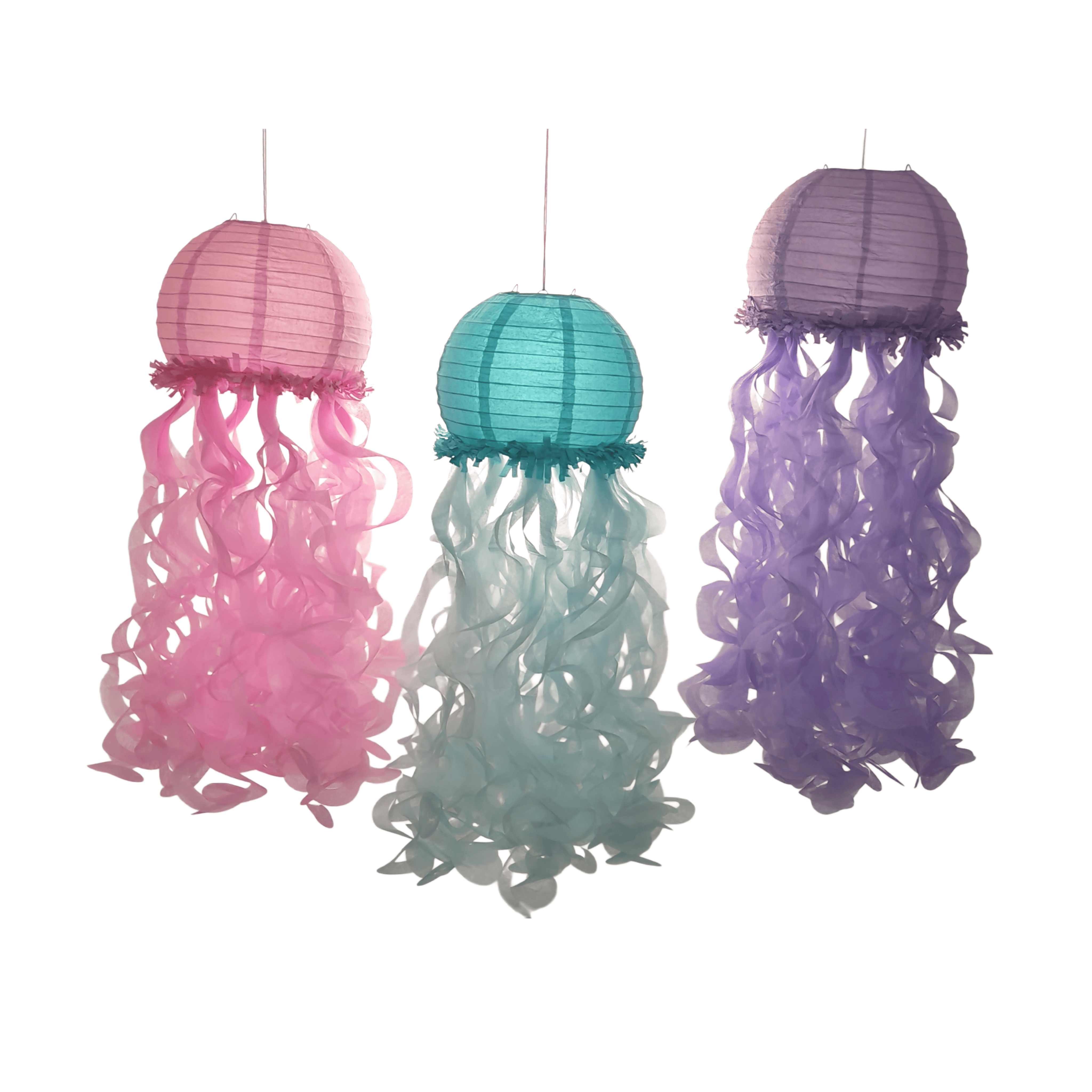 Pastel Jellyfish Paper Lanterns with Cascading Tentacles – 3D Unique Shaped Hanging Decor for Mermaid & Under the Sea Parties