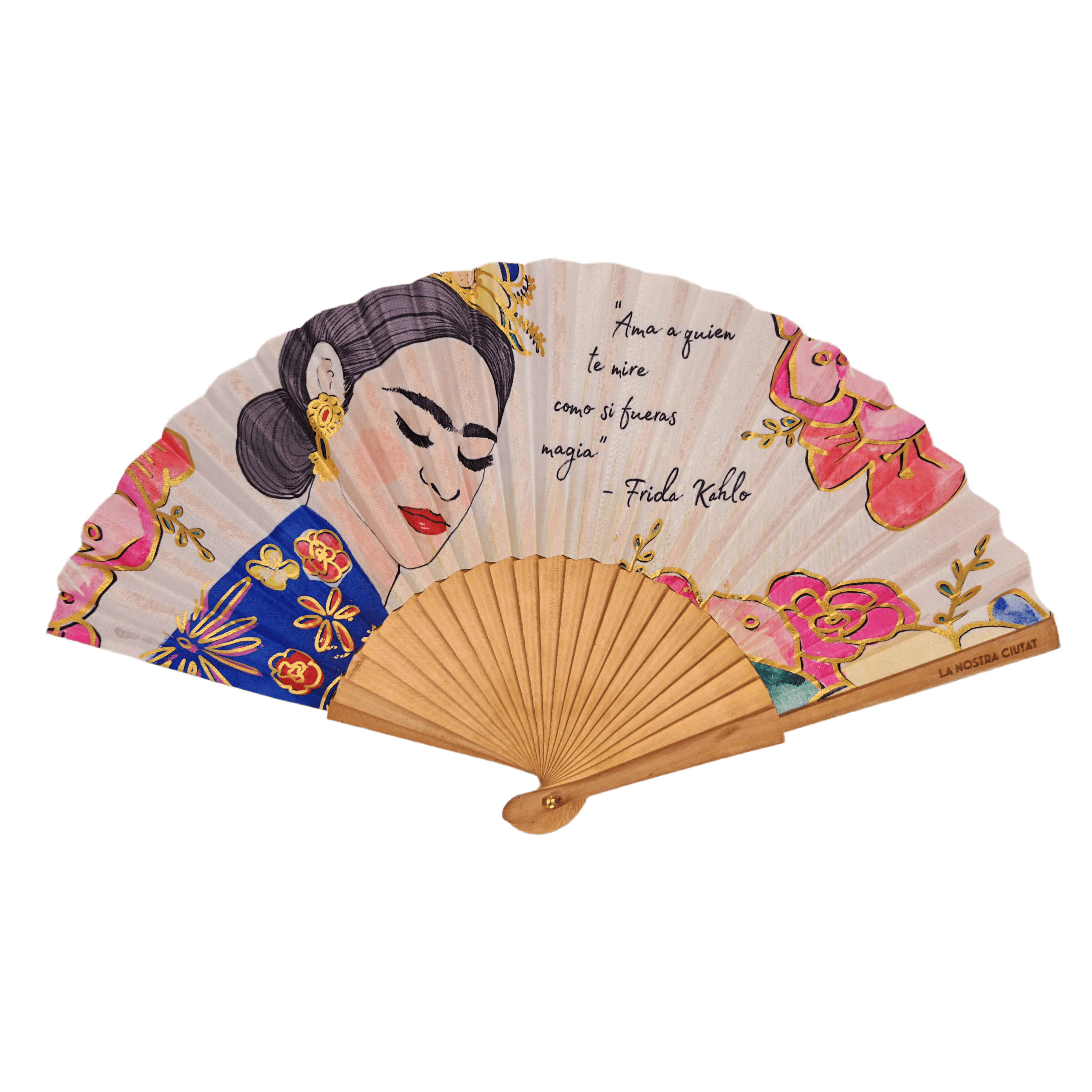 Cultural Art & Quote Fabric Wooden Hand Fan – Frida Kahlo Inspired Folding Fan  for Museum Shops & Boutique Souvenirs
