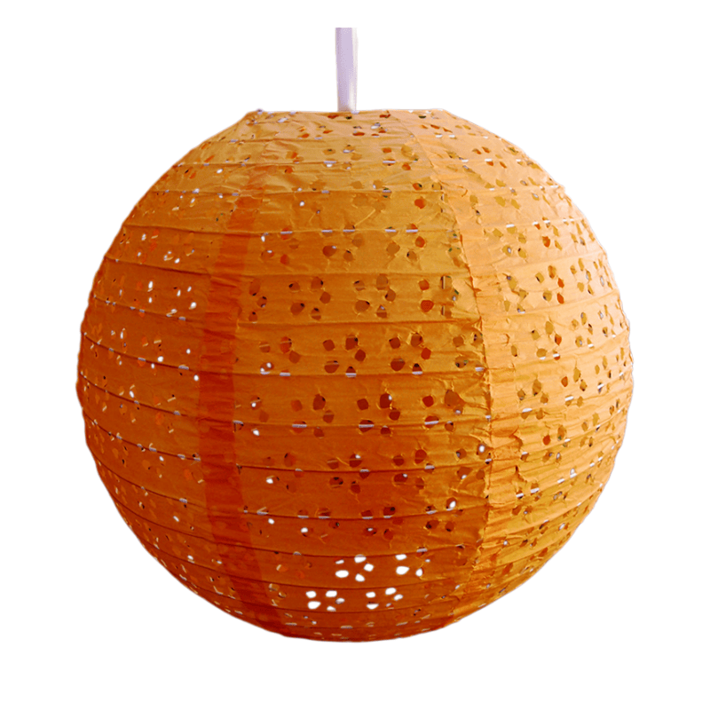 Vibrant Orange Round Eyelet Paper Lantern – Elegant Floral Cutout Hanging Decor for Autumn Events, Halloween & Tropical Parties