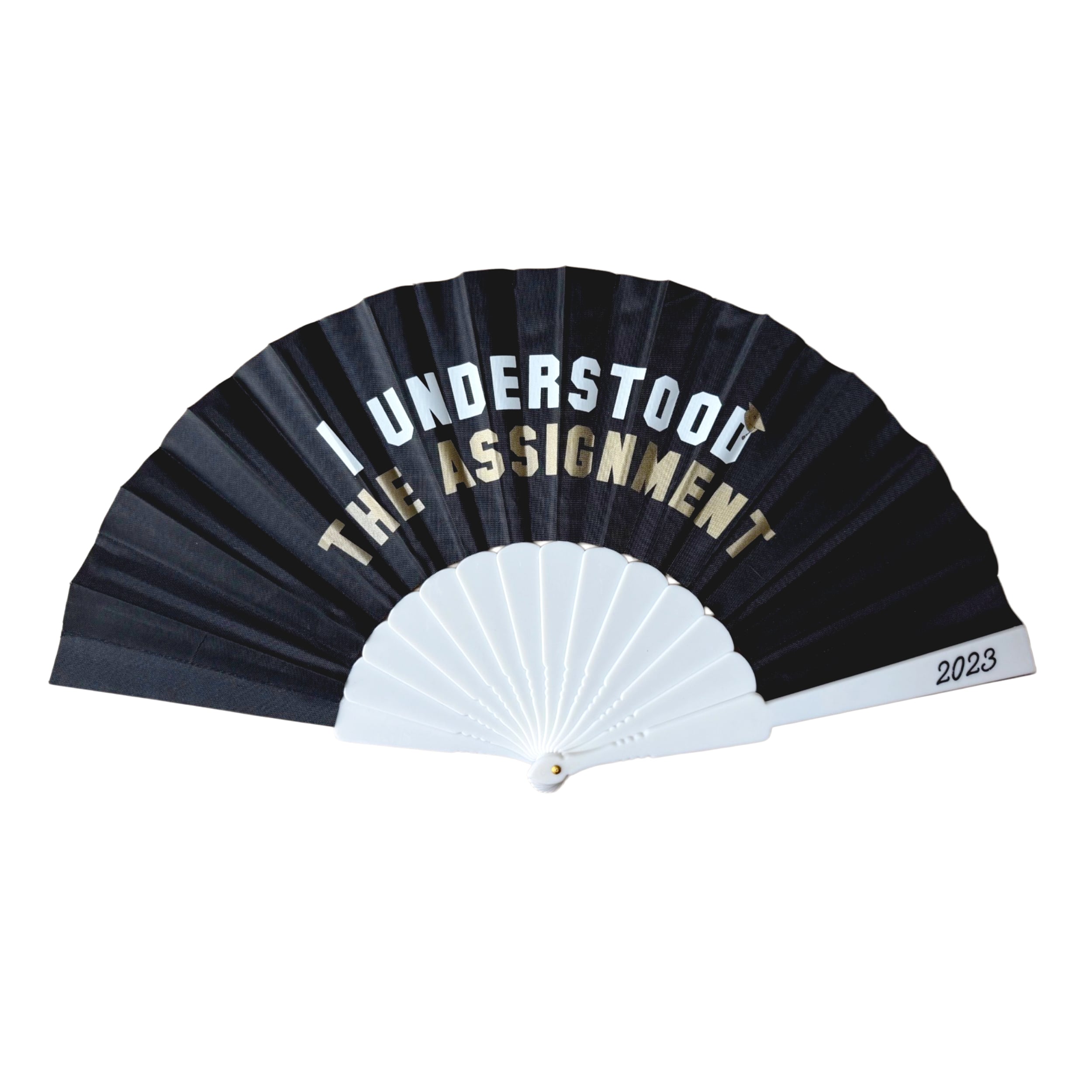 Custom Typography Printed Fabric Plastic Hand Fan with Outer Rib Logo for Graduation, School Events & Promotional Swag