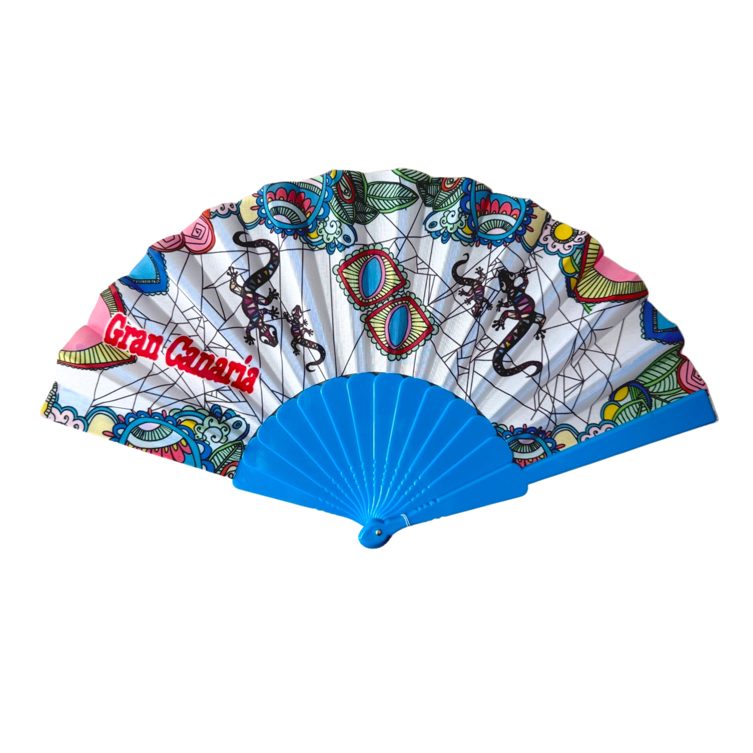 Custom Gran Canaria Lizard Print Fabric Plastic Hand Fan for Tourist Souvenirs & Resort Retail