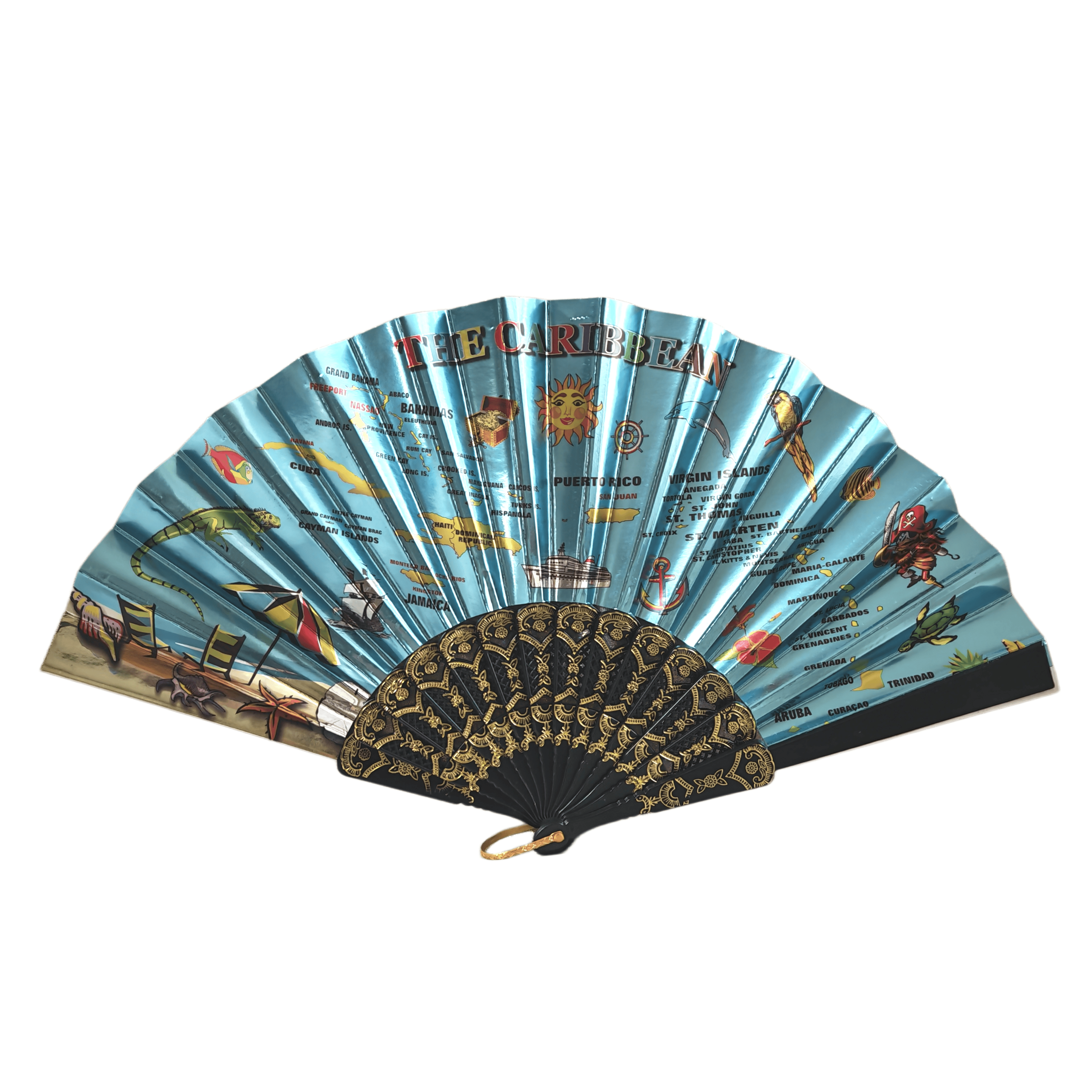 Metallic Foil Paper Plastic Hand Fan – Caribbean Map Tropical Cruise Souvenir Folding Fan with Gold-Stamped Ribs