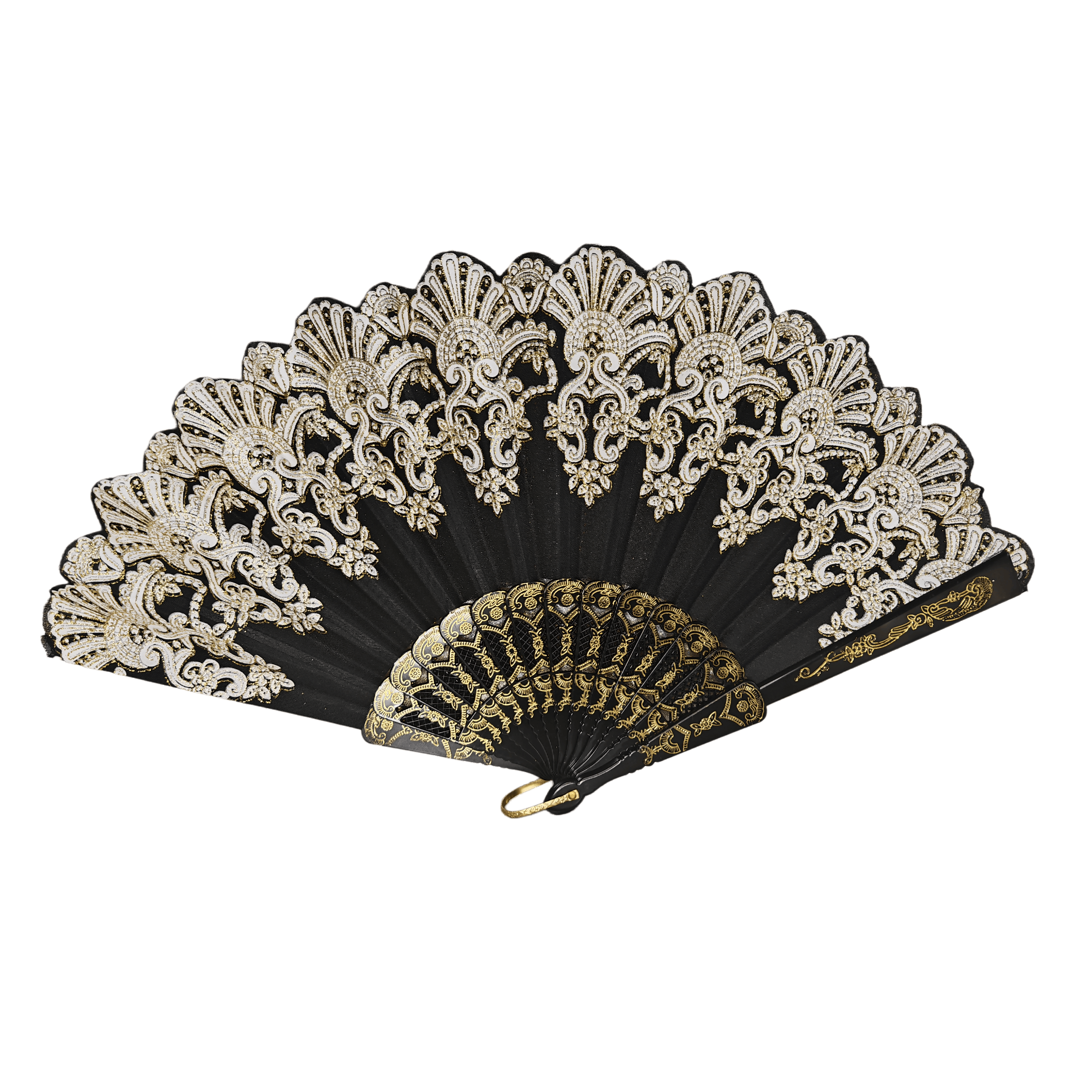 23cm Spanish Style Hand Fan – Premium Baroque Floral Folding Fan with Scalloped Edges & Gold-Stamped Ribs for Theatrical & Luxury Events