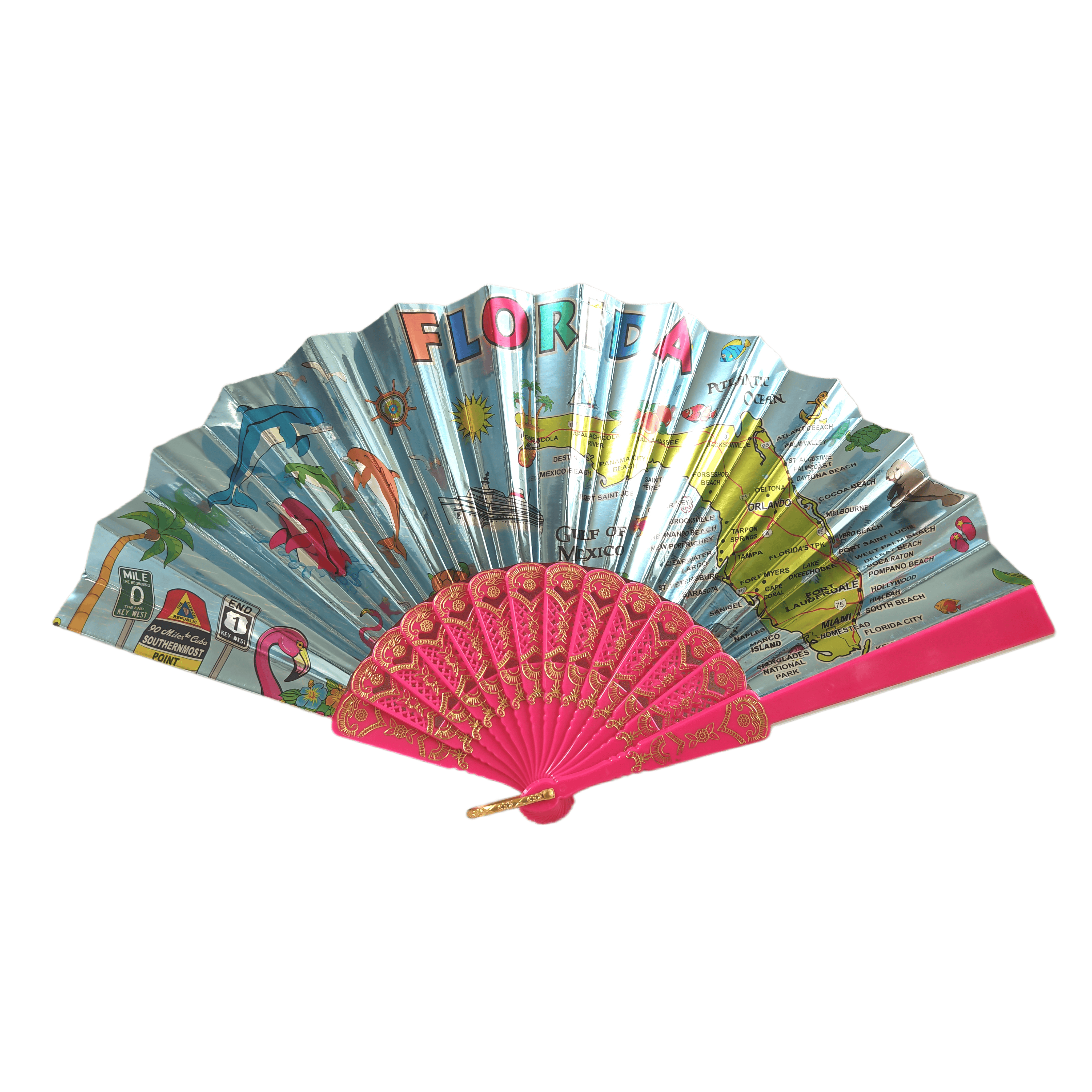 Metallic Foil Florida Tourist Map Hand Fan – Tropical Souvenir Paper Plastic Folding Fan with Pink Gold-Stamped Ribs