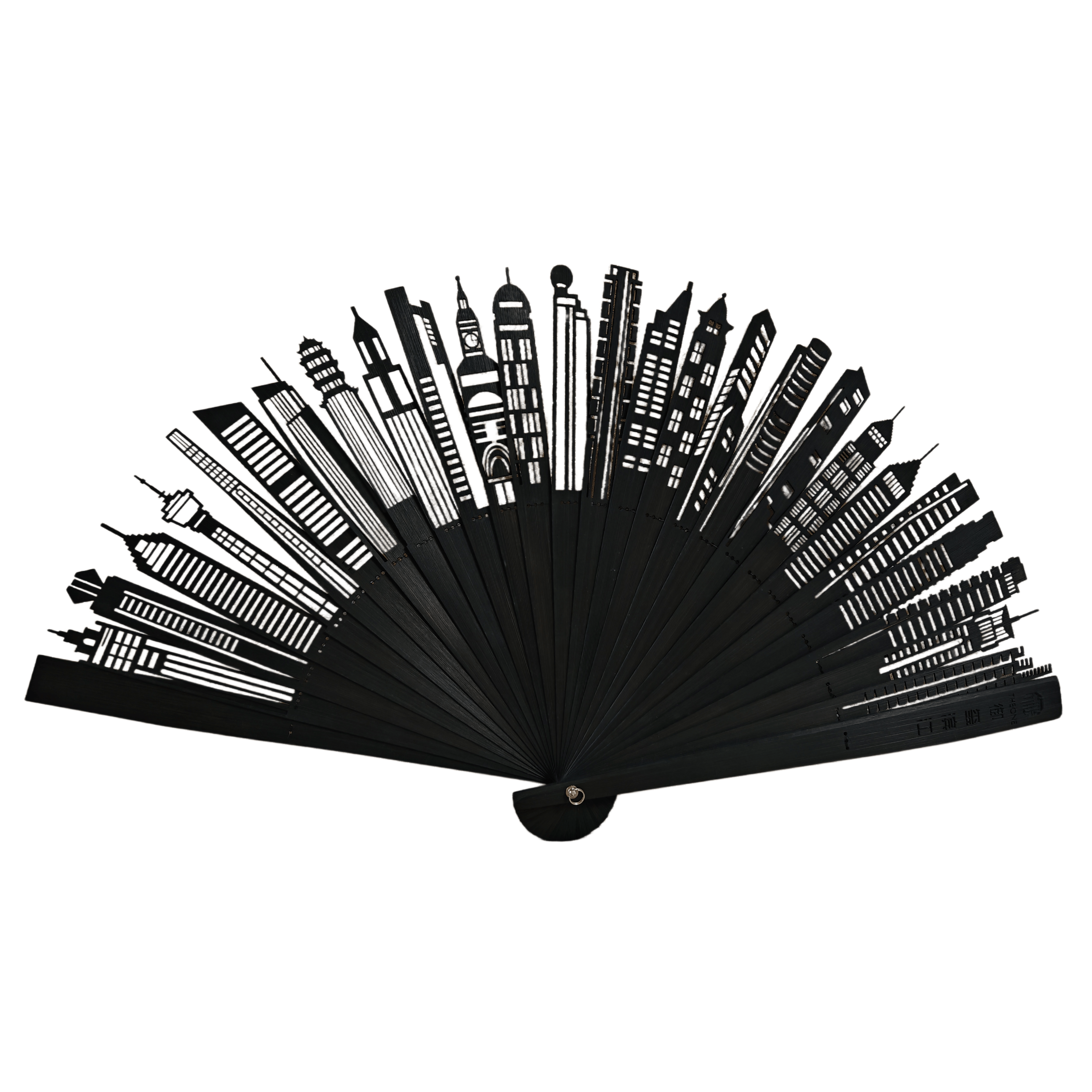 City Skyline Carved Custom Bamboo Hand Fan – Matte Black Architectural Silhouette Folding Fan for Corporate Gifts & Urban Tourism