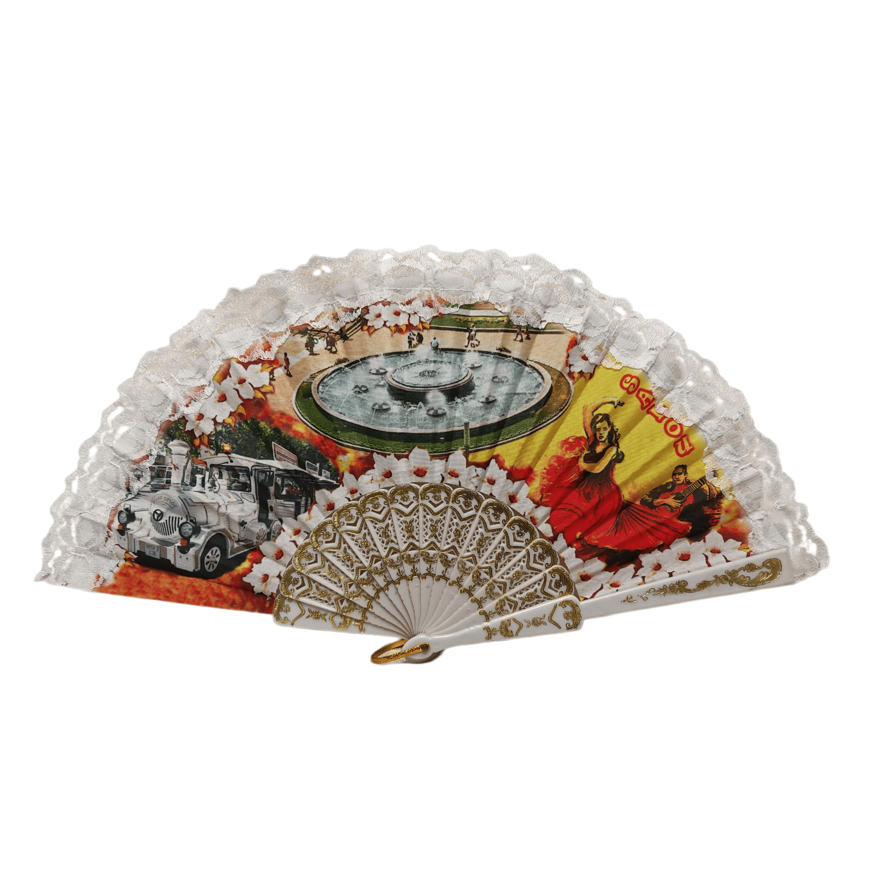 23cm Spanish Style Hand Fan – Custom City Scenery Photographic Print Folding Fan with White Lace & Gold-Stamped Ribs