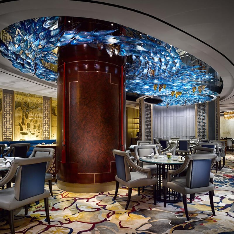 Modern Large Customized Blue Hanging Art Restaurant Ceiling Glass Chandelier Fish Lamp