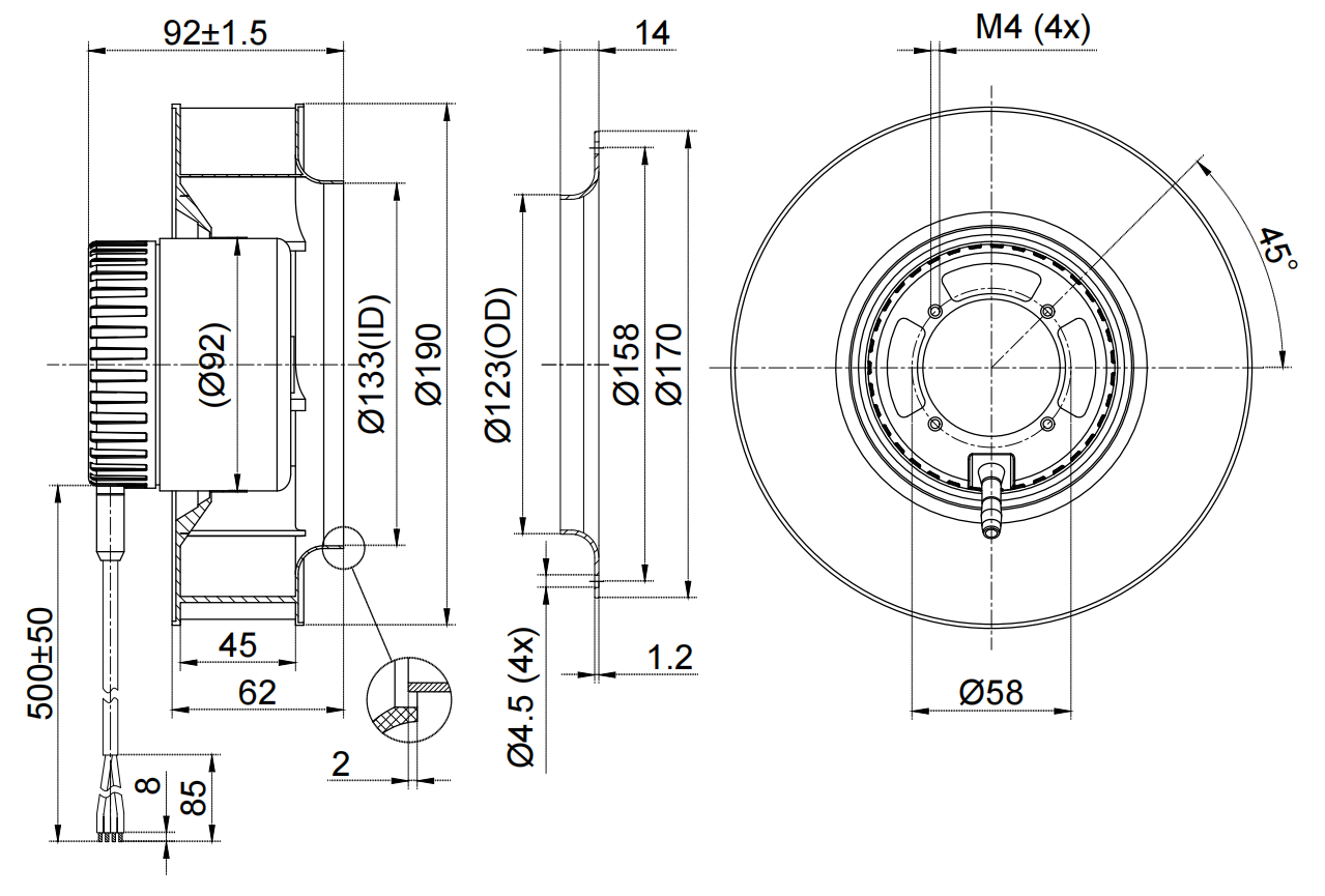 FB3G190-24PL-90 Backward Curved Centrifugal Fan, 24VDC, 190mm, 902 m3/h factory