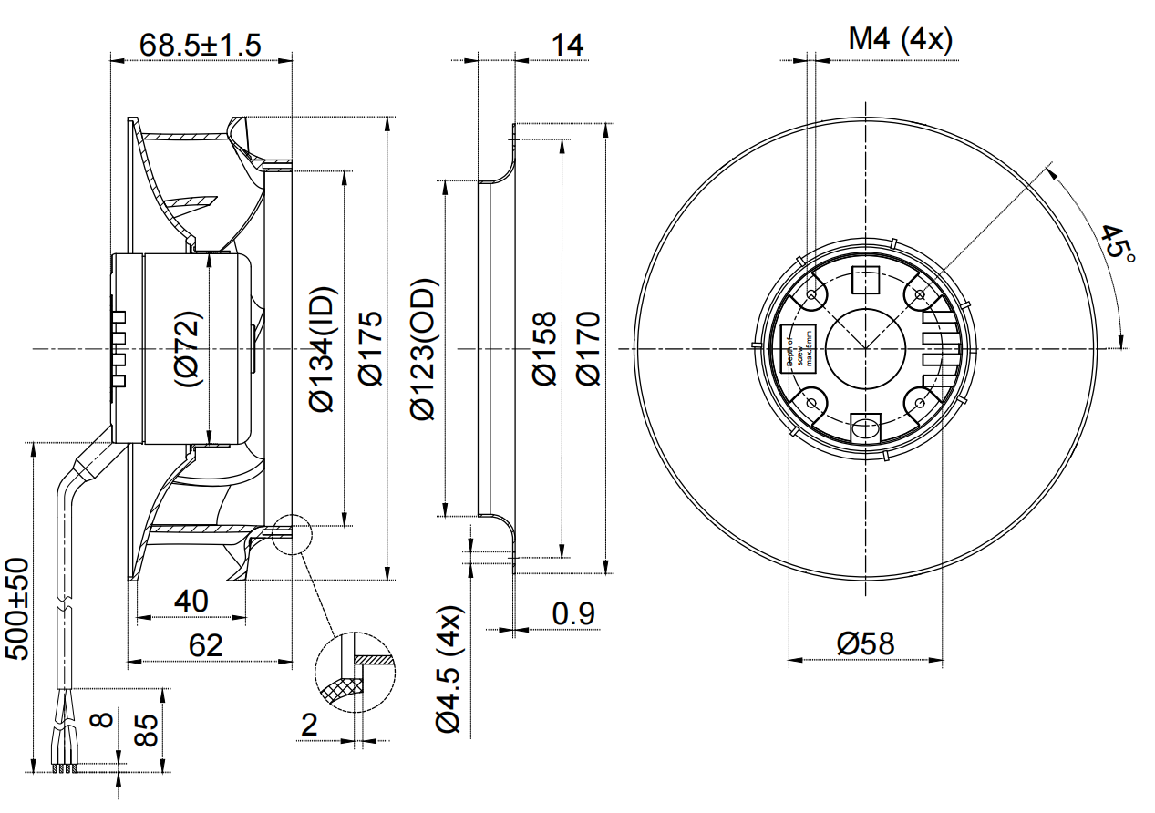 FB3G175-48LH-7F Backward Curved Centrifugal Fan, 48VDC, 175mm, 1596 m3/h manufacture