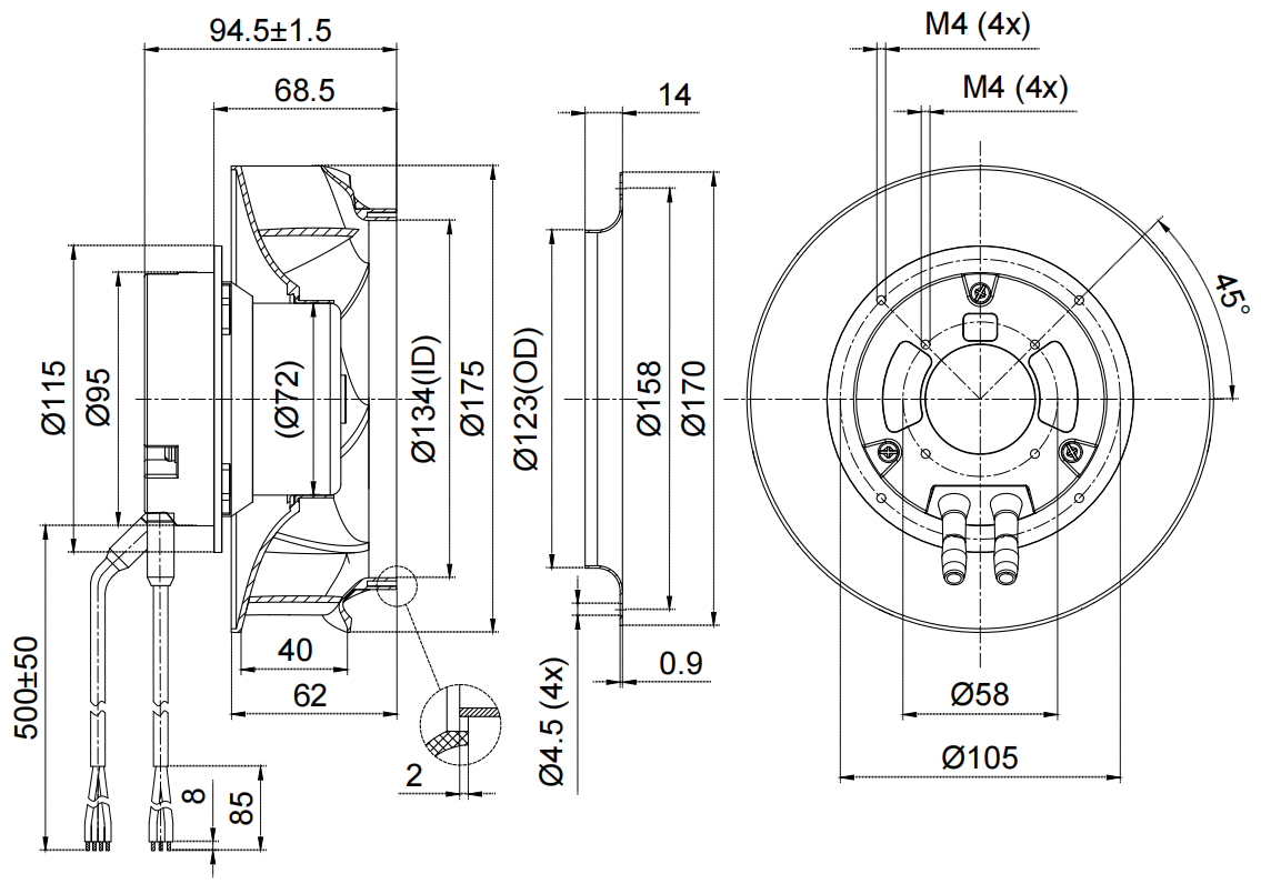 FB3G175-2ALH-70P Backward Curved Centrifugal Fan, 230VAC, 175mm, 800 m3/h manufacture