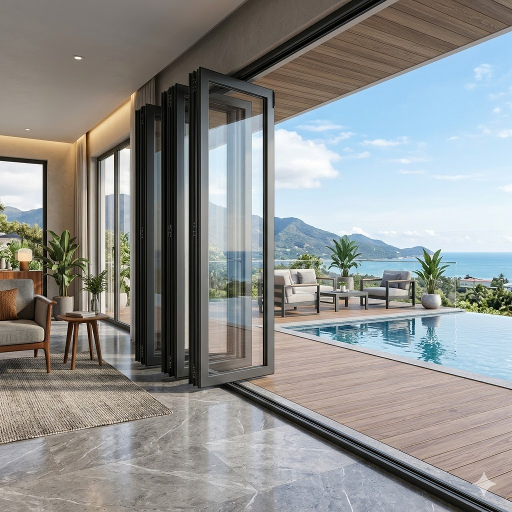 EB75 Heavy Duty Aluminum Bi-fold Doors Double Glazed Exterior Folding Patio Glass Door for Luxury Villa & Commercial