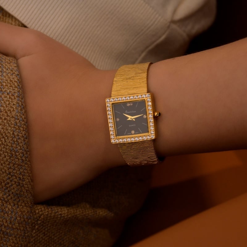 Vintage Women's Watch with Square Dial & Inlaid Czech Rhinestones, Luxury Gold Plated Copper Case, Factory Direct Sale & Global Dropshipping