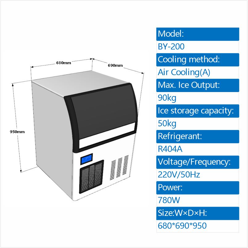 Máquina de Gelo Cúbico BY-200A(F) Totalmente Automática, 90 kg/24 h, Refrigeração a Ar
