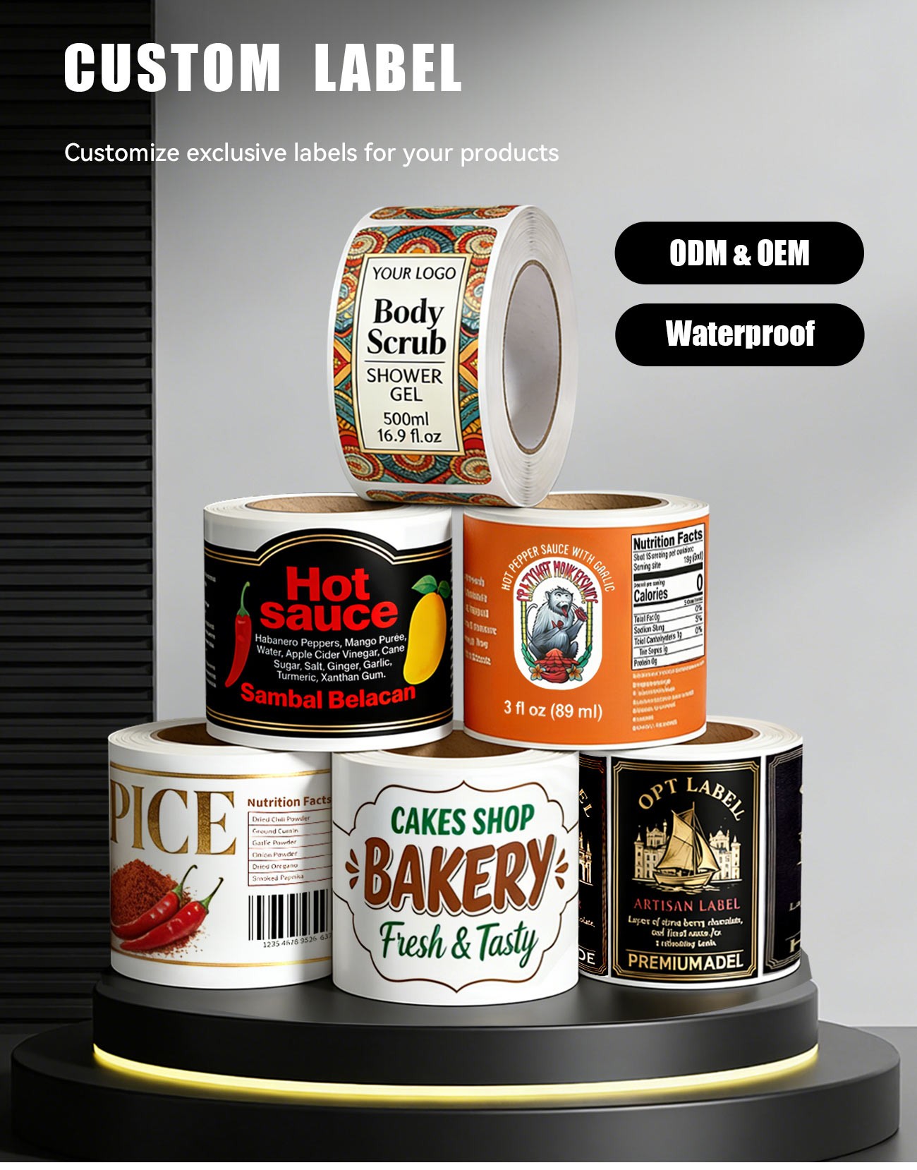 Coffee packaging labels showcasing various substrate materials and finishes