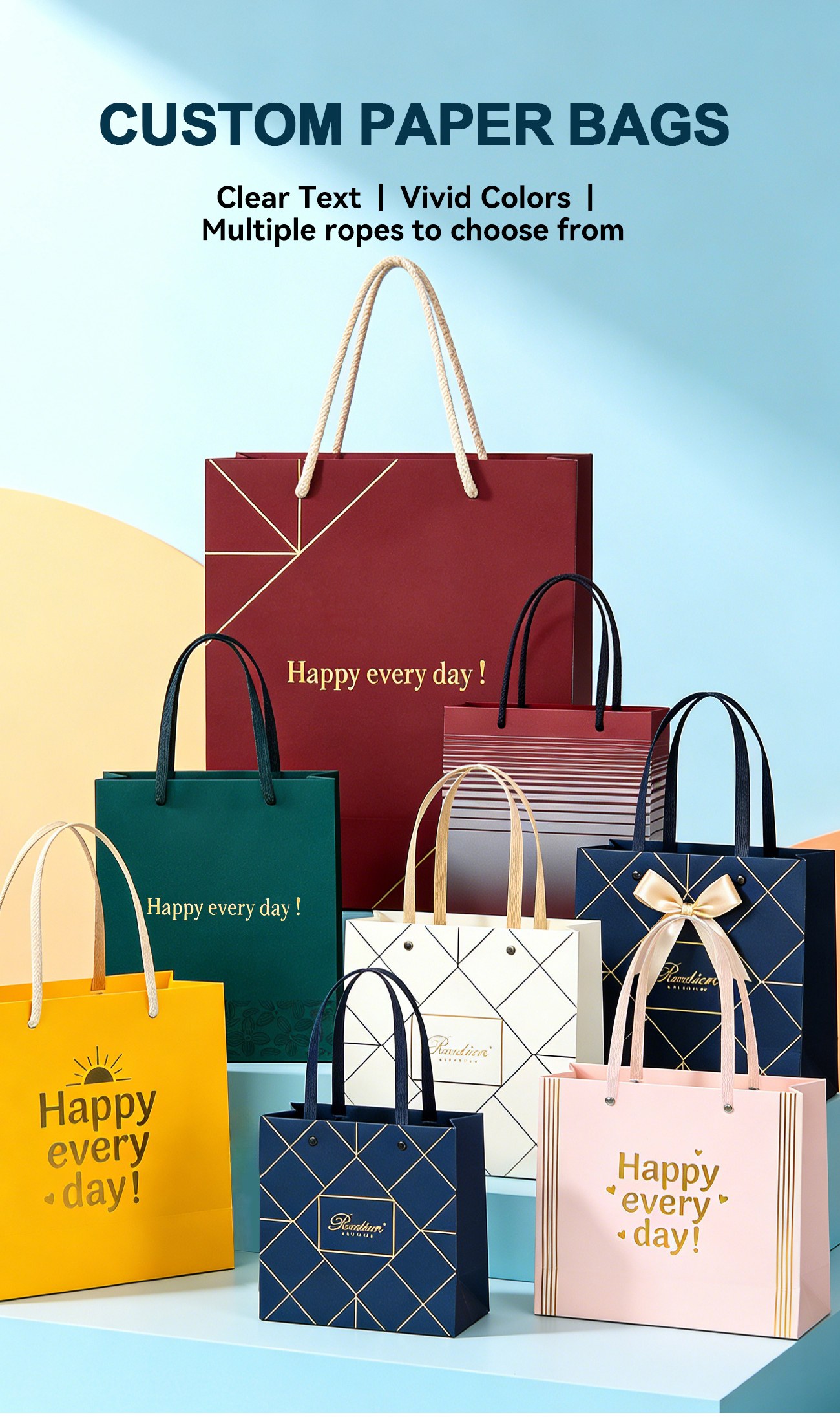 Custom printed kraft paper bags with multiple handle options for retail use