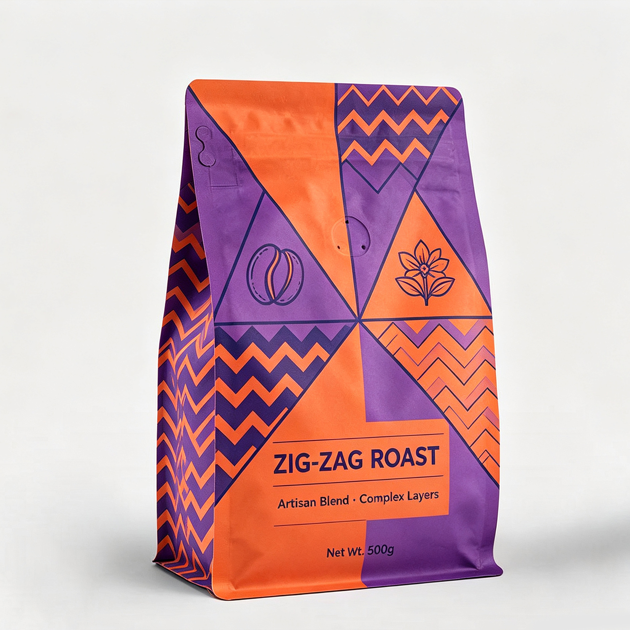 Sachet à huit soudures pour café | Sachet à fond plat personnalisé avec valve pour café | Emballage en feuille alimentaire