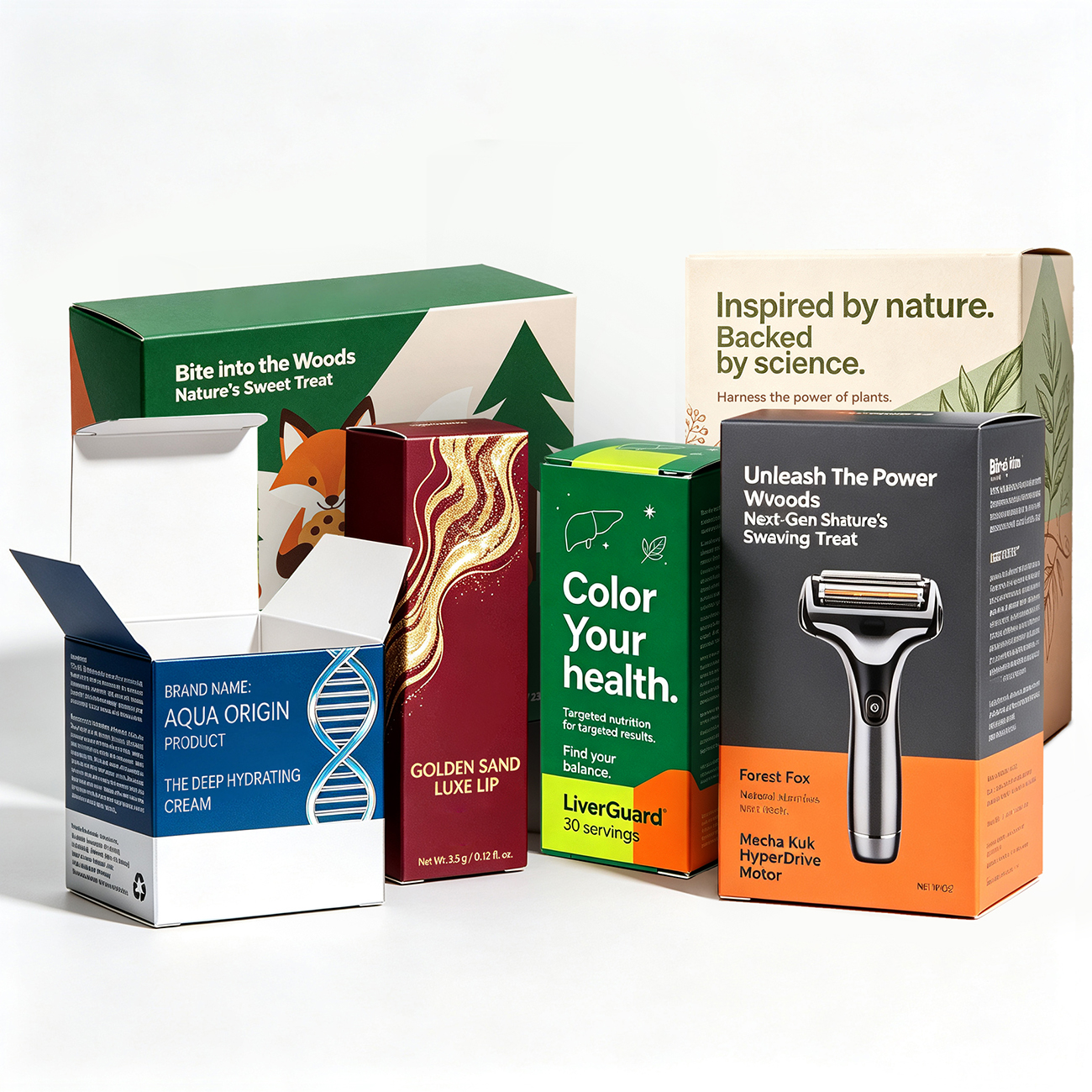 Boîte produit repliable haut de gamme recyclable en gros | Emballage personnalisé en quadrichromie pour soins de la peau, compléments et soins personnels
