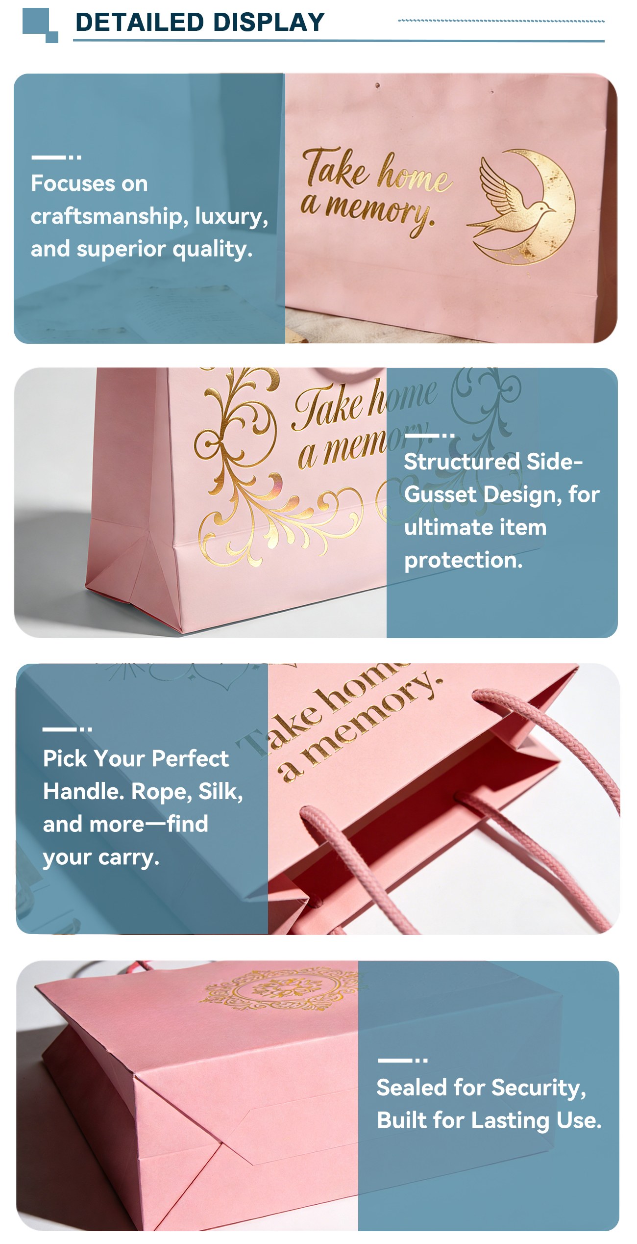 Retail paper bags featuring premium surface finishes and branding