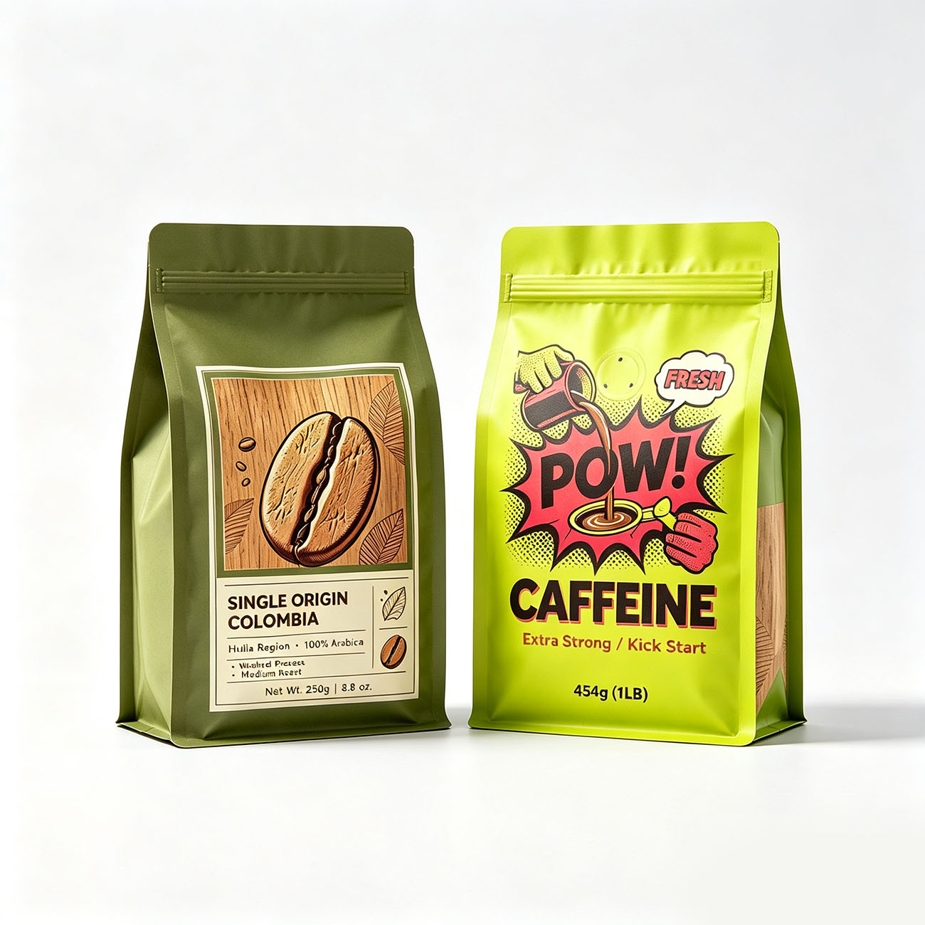 Sachet à huit soudures pour café | Sachet à fond plat personnalisé avec valve pour café | Emballage en feuille alimentaire