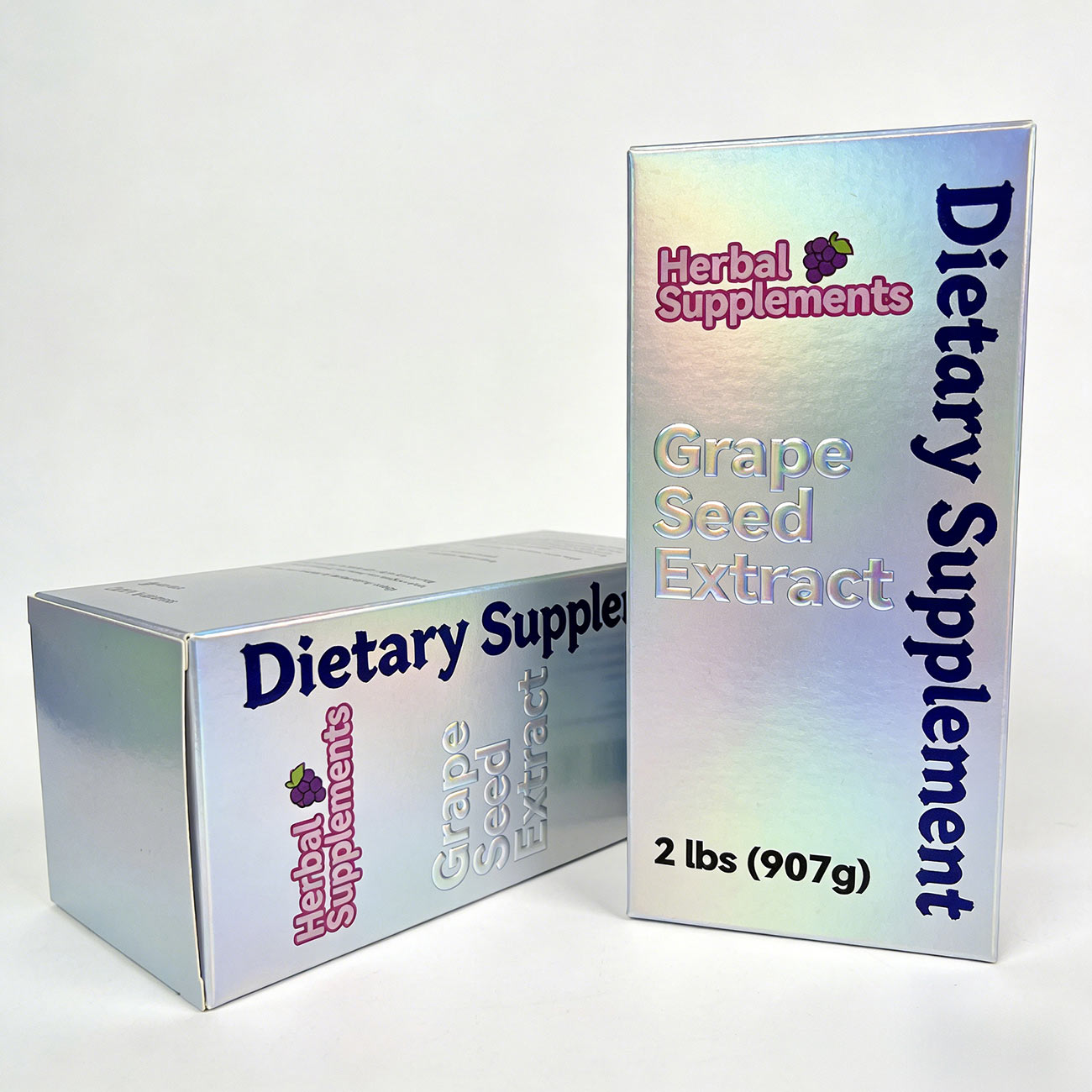 Boîte en papier d’emballage personnalisée avec impression pour compléments nutraceutiques | Carton repliable avec feuille holographique | Emballage pour produits de santé