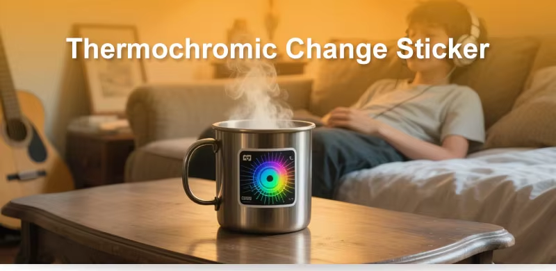 Custom thermochromic labels showing temperature sensing color change technology