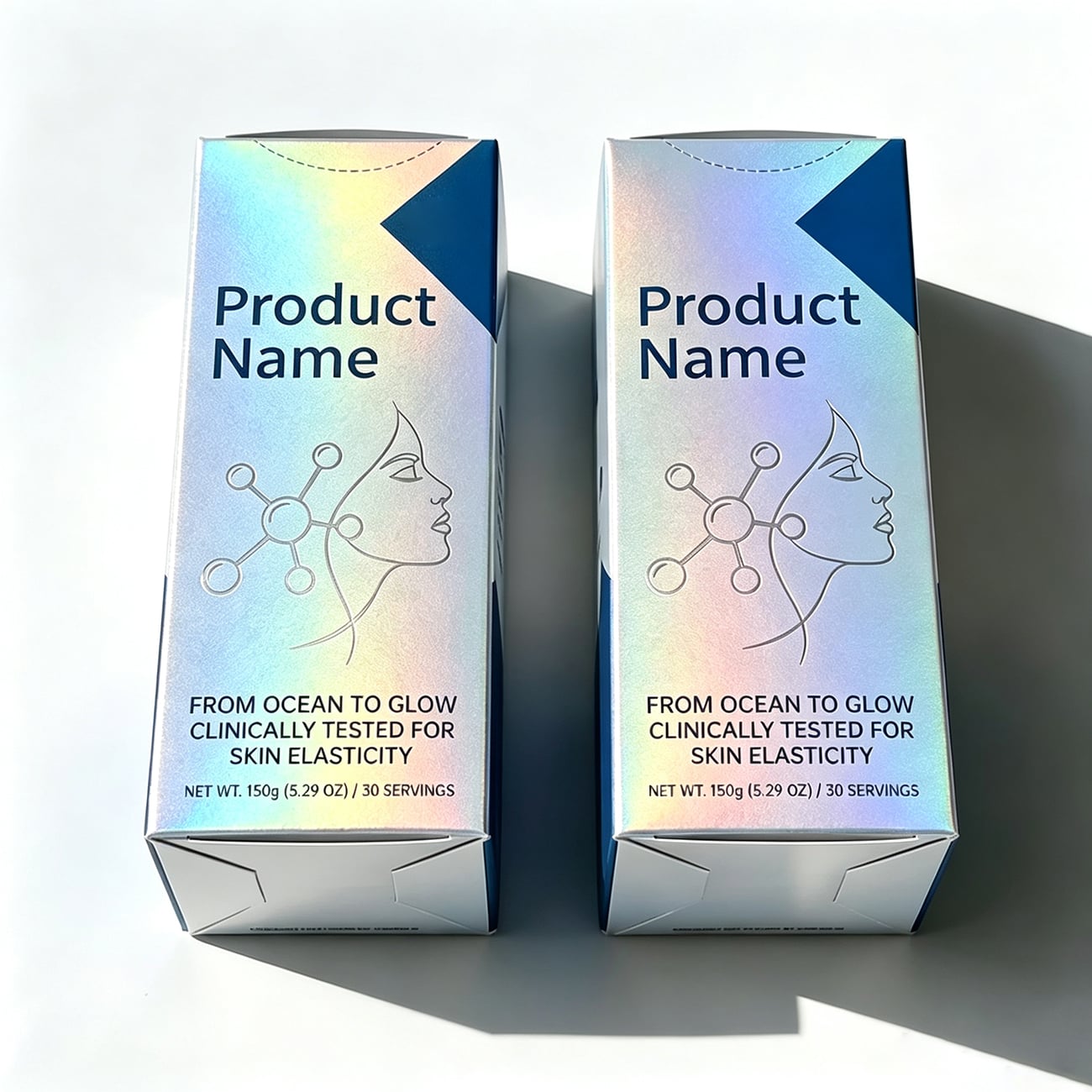 Boîte en papier d’emballage personnalisée avec impression pour compléments nutraceutiques | Carton repliable avec feuille holographique | Emballage pour produits de santé