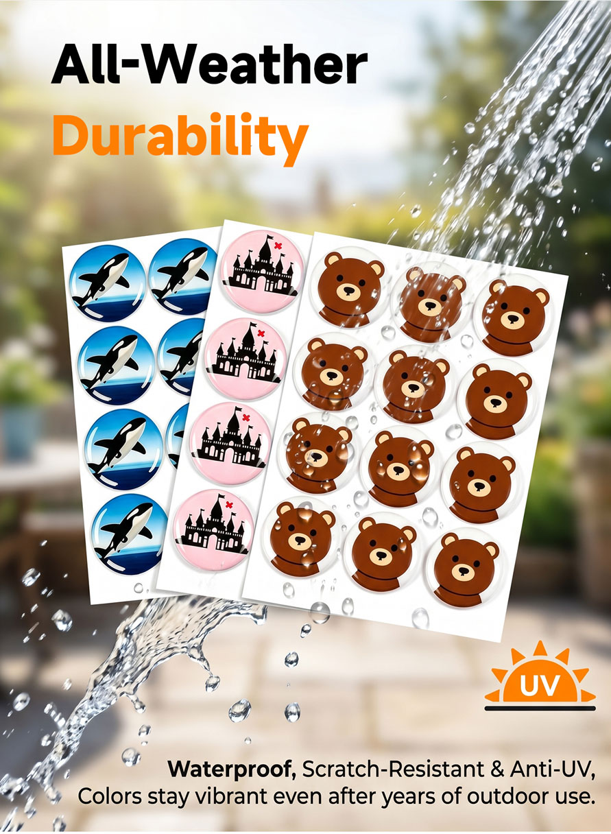 Durable 3D epoxy dome stickers for equipment
