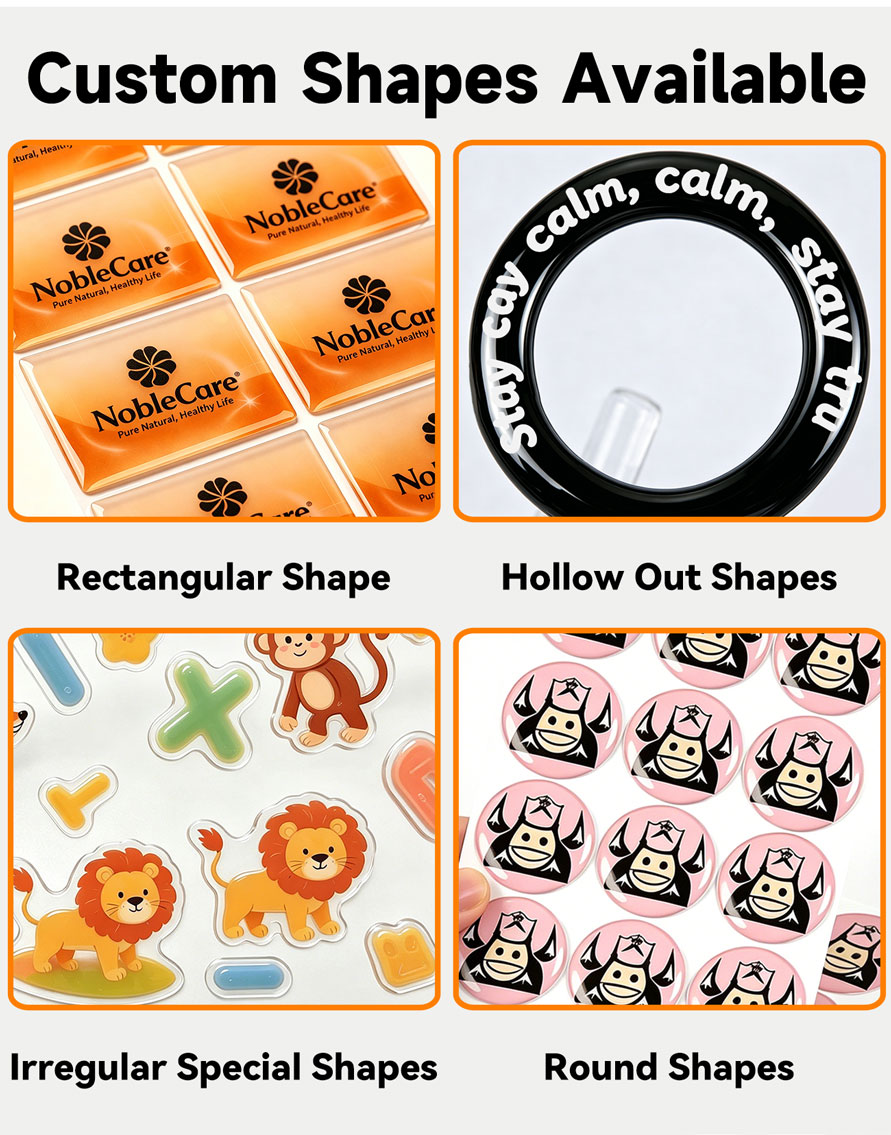 Custom resin dome labels with dimensional effect