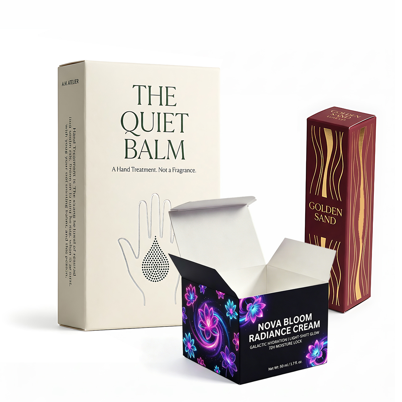 Boîte produit repliable haut de gamme recyclable en gros | Emballage personnalisé en quadrichromie pour soins de la peau, compléments et soins personnels