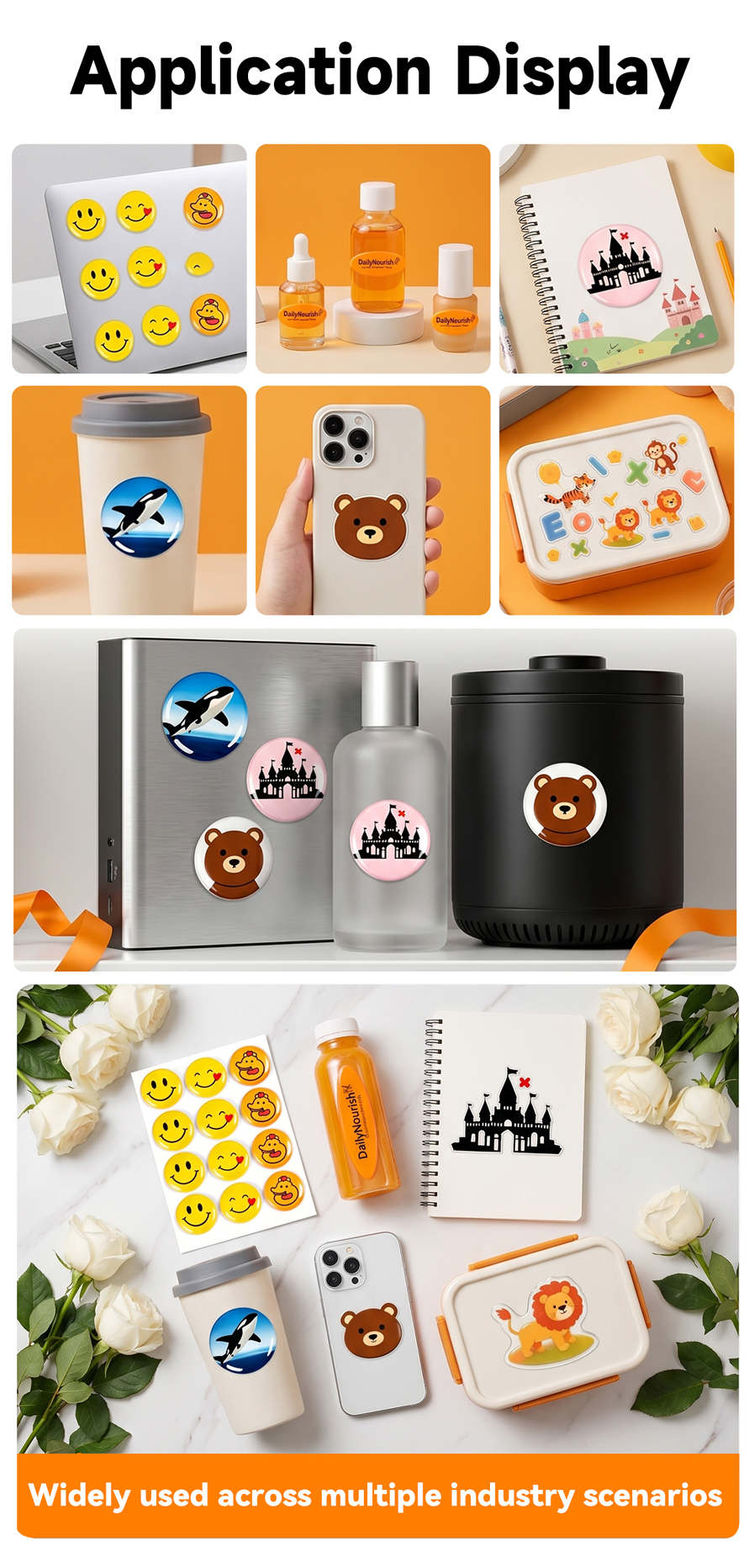 Waterproof resin domed badges for multiple applications