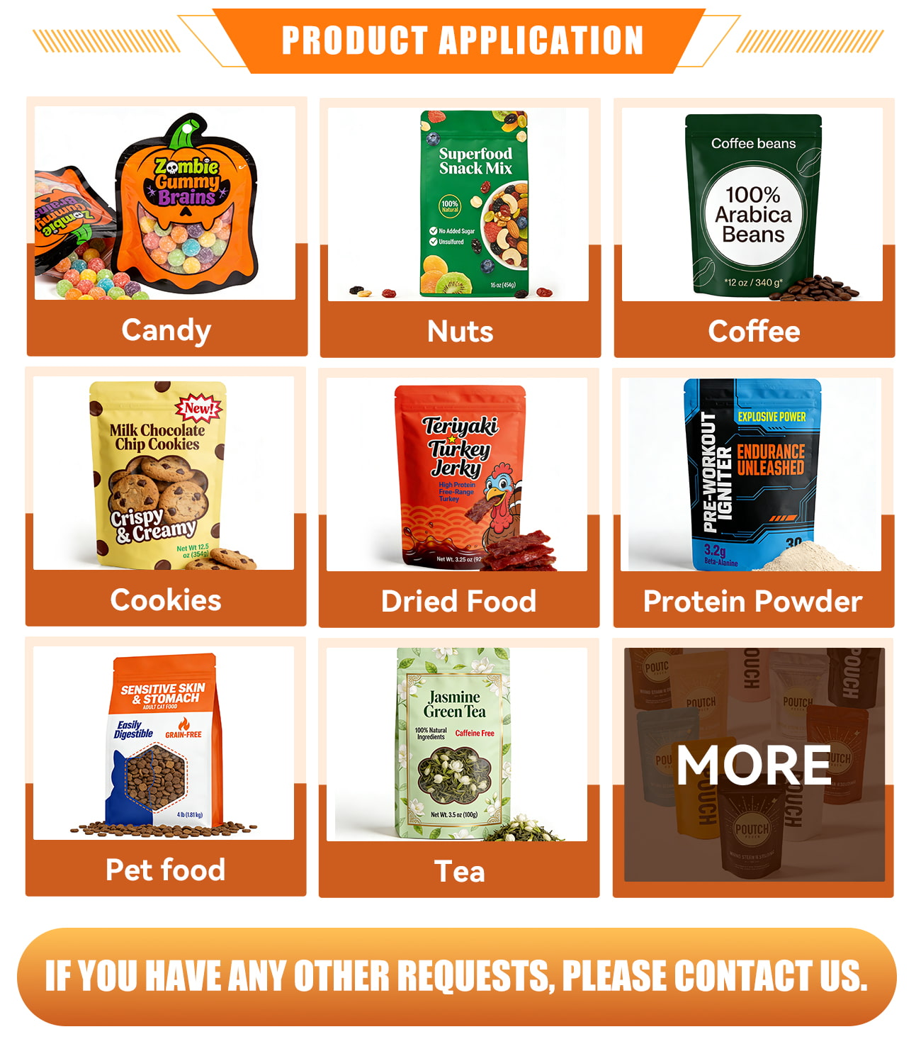Die-cut shaped pouches demonstrating food-grade materials and safety