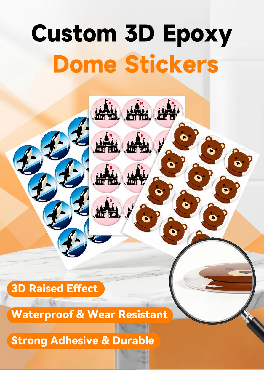 Custom 3D epoxy dome stickers with clear resin coating