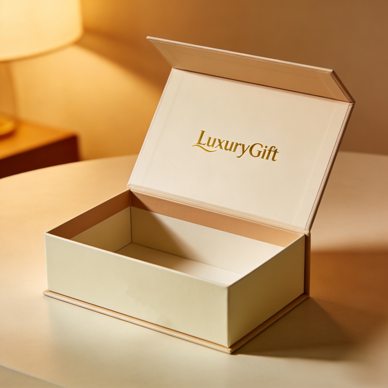 Magnetic box with ribbon and cardboard insert for elegant unboxing experience and gift giving