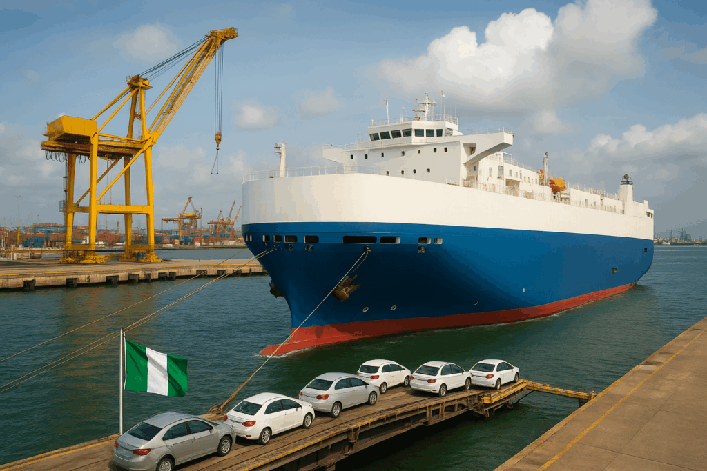 Vehicles being processed at an Algerian port for customs clearance