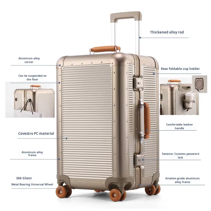 PC na Aluminum na Frame na Kaban na may Spinner na Trolley, 28 Pulgada na Luggage na Anti-drop na Travel Case na may TSA Lock at Leather na Handle