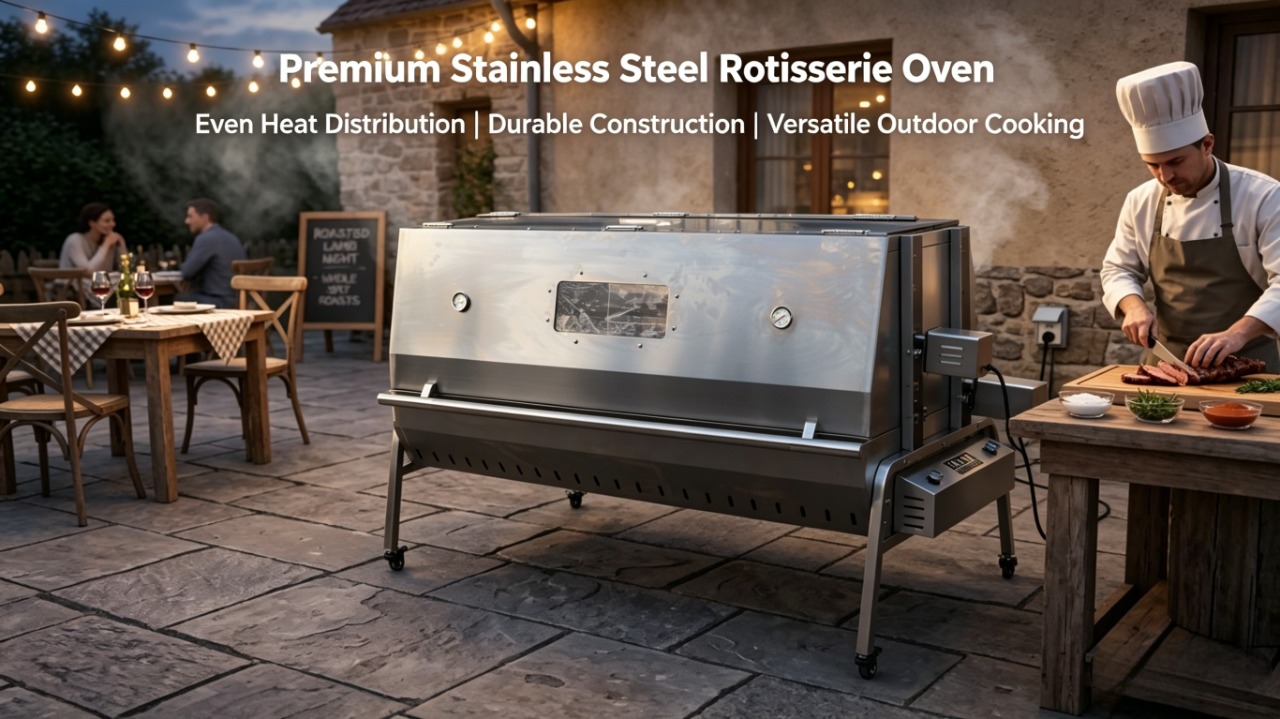 Double Lid Rotisserie Spit Roaster | Dual Fuel Commercial BBQ Grill details