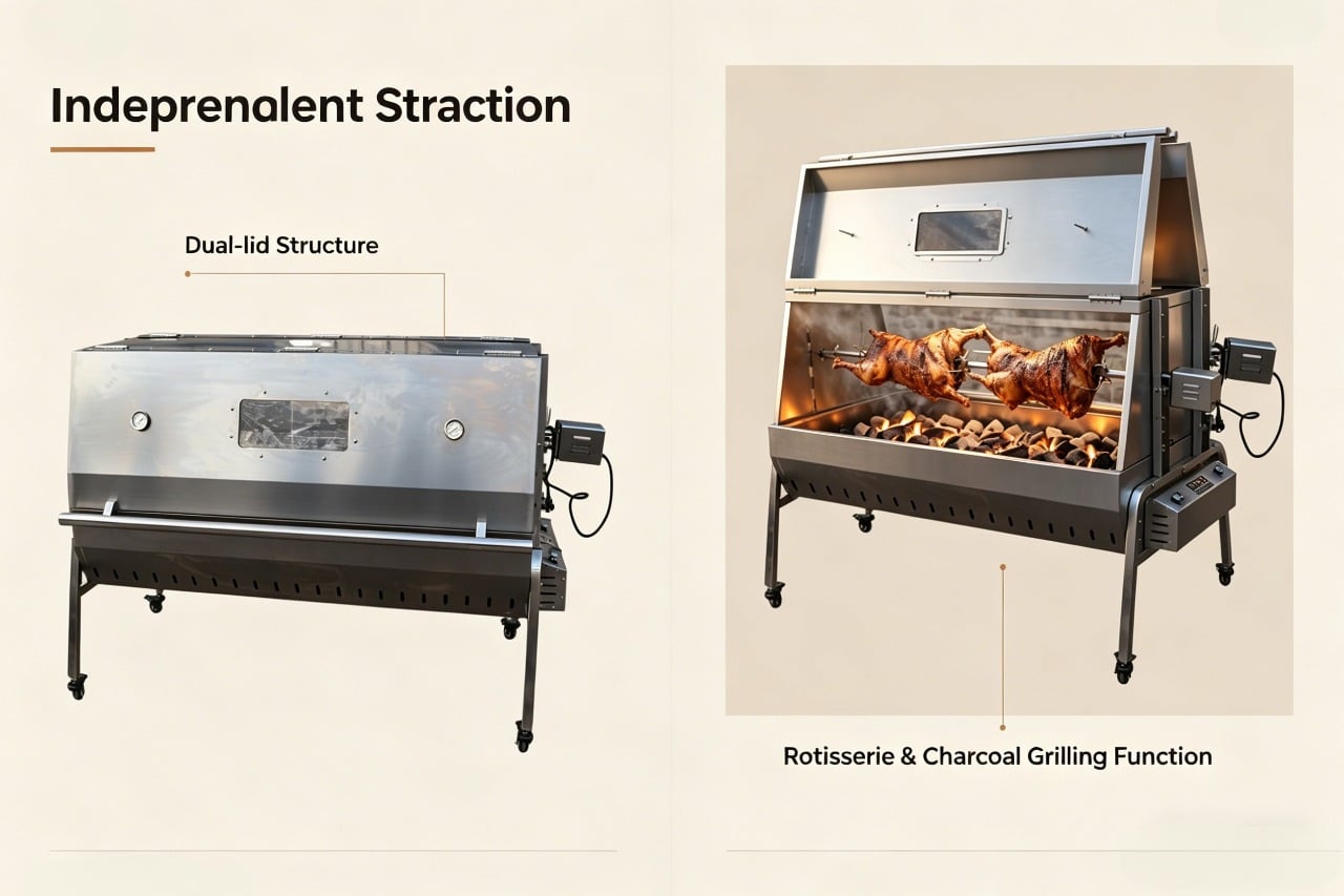 Double Lid Rotisserie Spit Roaster | Dual Fuel Commercial BBQ Grill factory