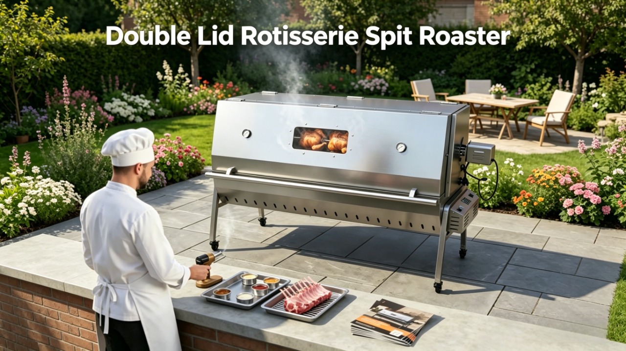 Double Lid Rotisserie Spit Roaster | Dual Fuel Commercial BBQ Grill supplier