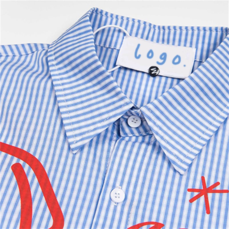 Custom Mens Blue White Vertical Stripe Shirt Cute Dog Line Graphic Printing Oversized Casual Shirt OEM Private Label Manufacturer