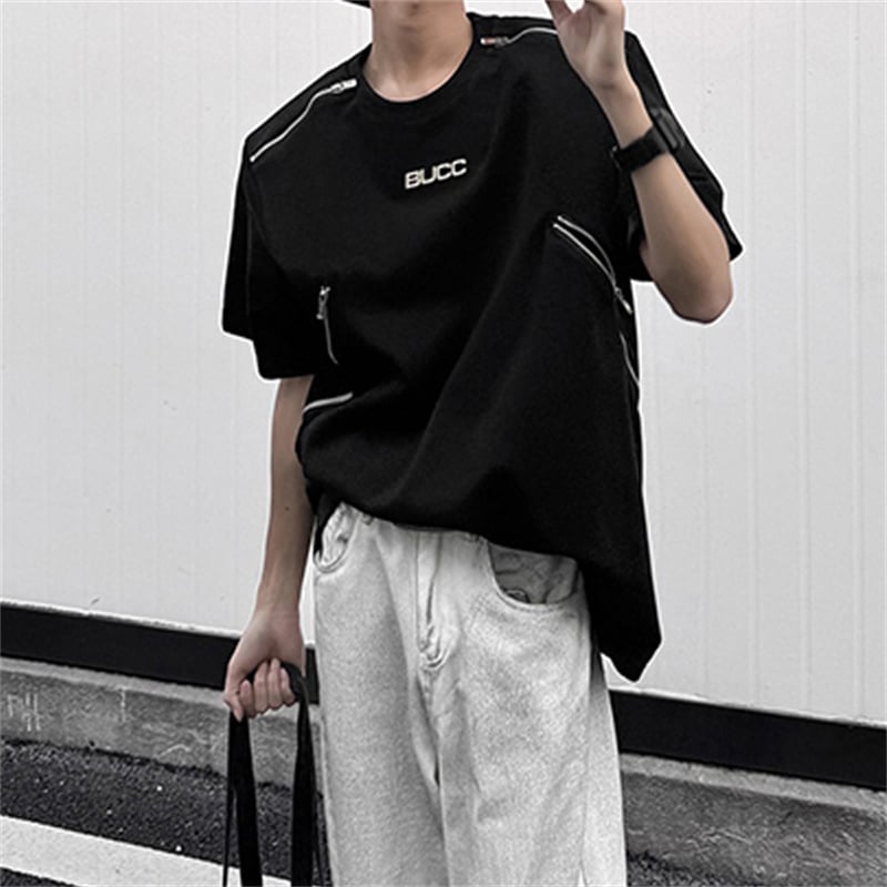 American High Street Men's Shoulder Pads T-Shirt, Metal Zipper Design Trendy Casual Summer Short Sleeve