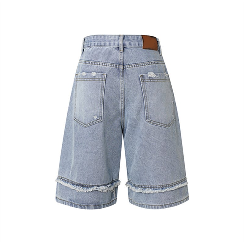 Wholesale Distressed Frayed Denim Shorts Men Vintage Light Wash Baggy Jorts Streetwear Loose Wide Leg Knee Length Jeans Shorts