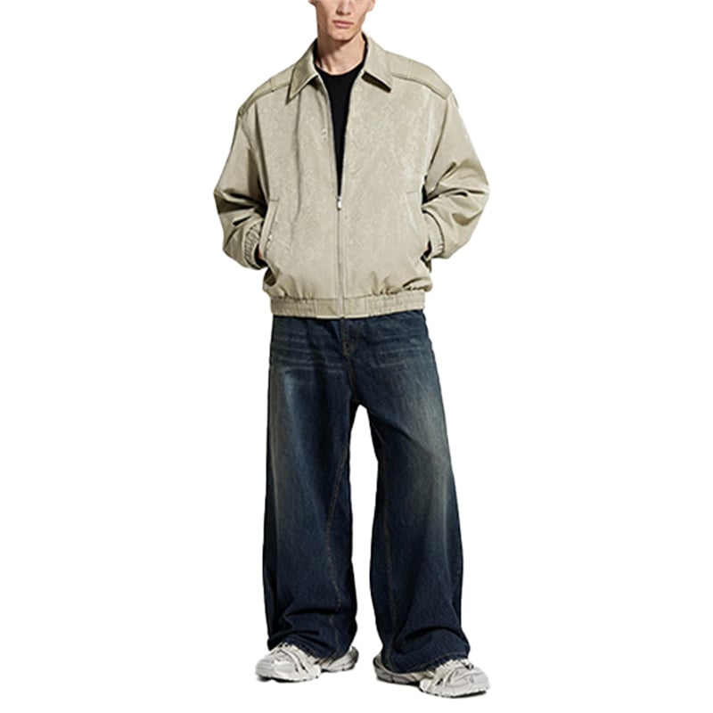 American Vintage Streetwear Textured Leather Zip-Up Jacket, Spring Autumn Workwear Outerwear
