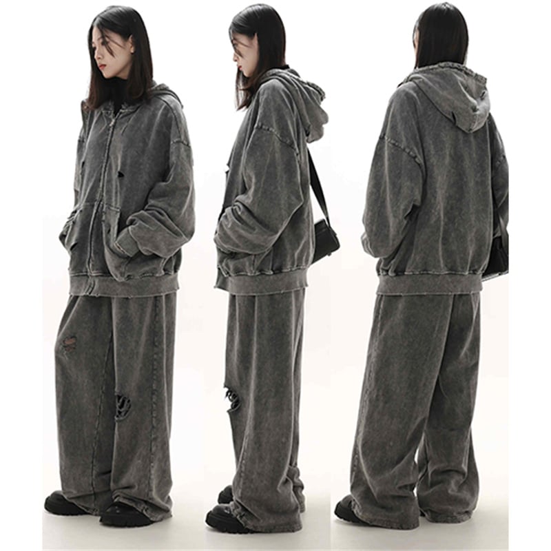 Distressed Washed Baggy Pants Men Elastic Waist Drawstring Wide Leg Grunge Streetwear Trousers Y2K Ripped Casual Sweatpants