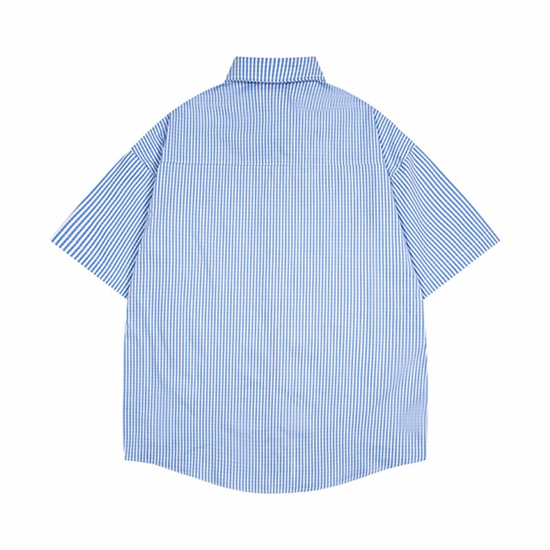 Custom Mens Blue White Vertical Stripe Shirt Cute Dog Line Graphic Printing Oversized Casual Shirt OEM Private Label Manufacturer
