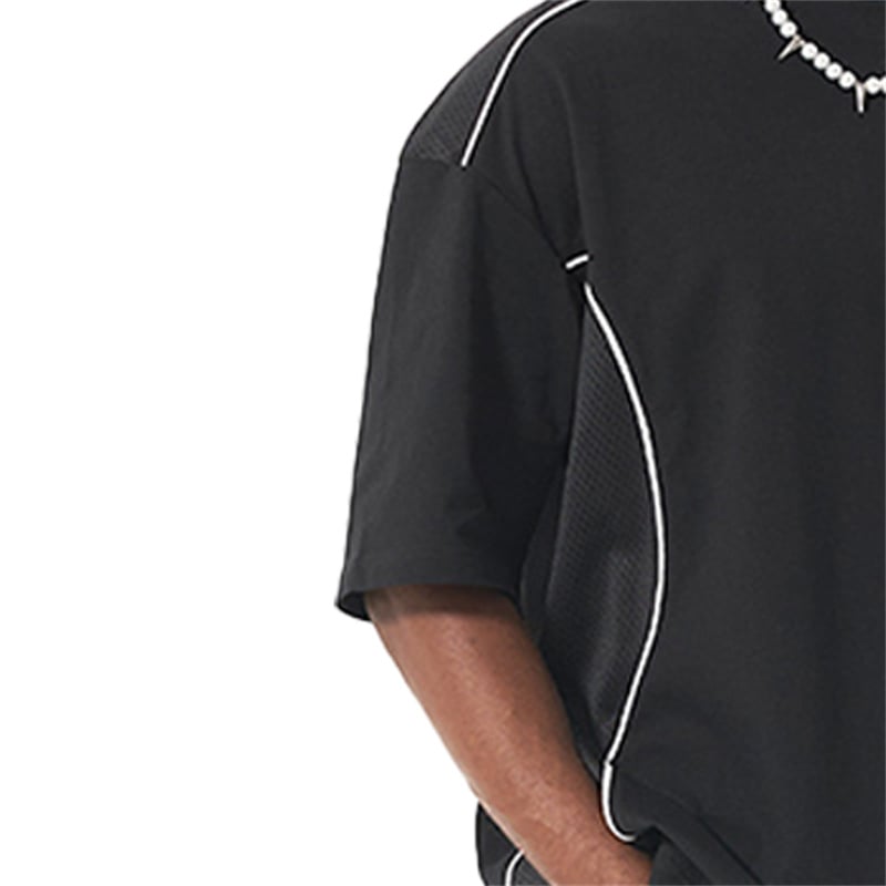 Streetwear Mesh Panel 100% Cotton Tee, Men's Casual Breathable Summer Short Sleeve