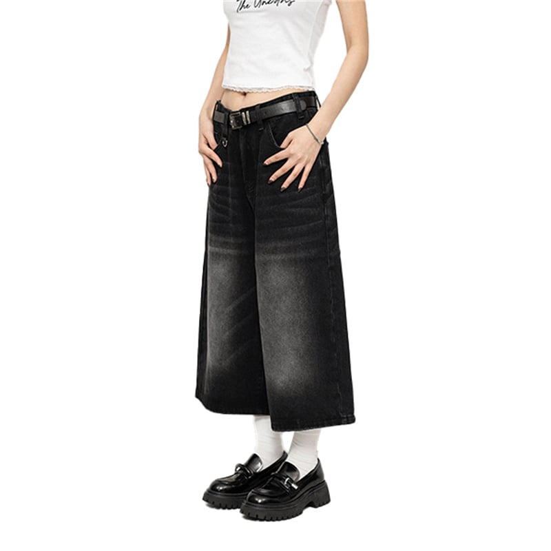 Y2K Wide Leg Culotte Jeans Women Vintage Washed Baggy Denim Skirt Pants Retro High Waist Loose Cropped Streetwear Trousers