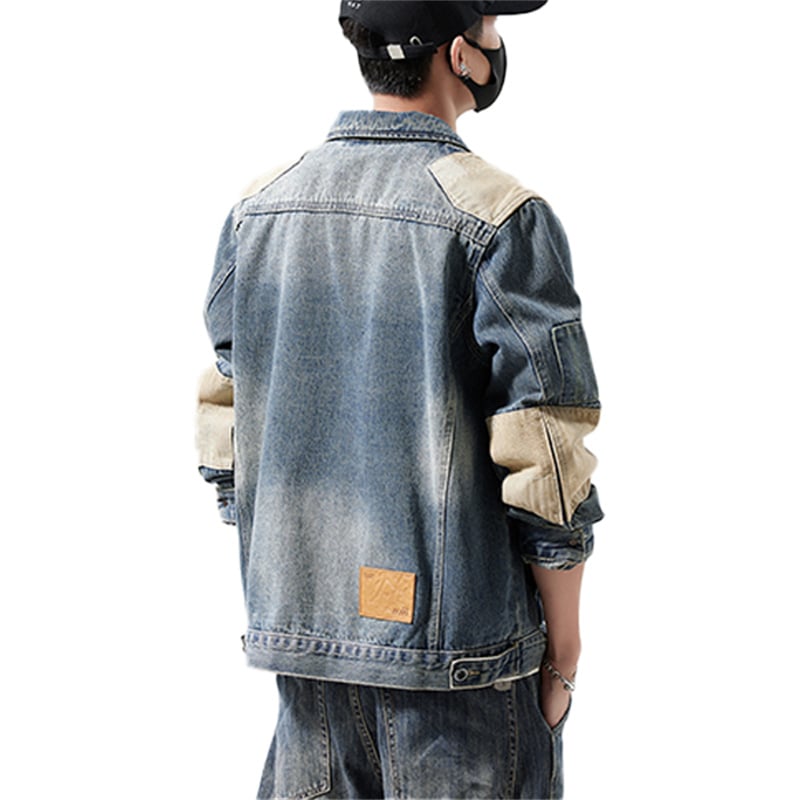 Heavyweight Washed Denim Jacket with Canvas Contrast Details for Men