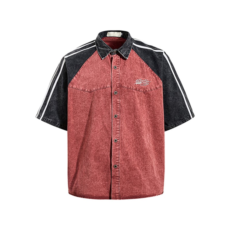 Custom Mens Two-Tone Acid Wash Denim Shirt Contrast Raglan Striped Sleeve Small Embroidery Streetwear Shirt Manufacturer Private Label