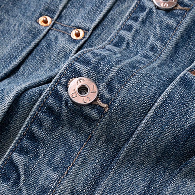 Heavyweight Distressed Denim Jacket Men Retro Workwear Patch Pocket Casual Outerwear