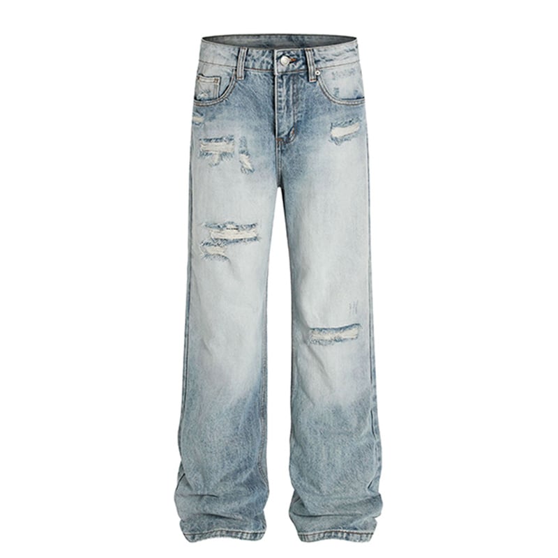 Wholesale Light Wash Distressed Baggy Jeans Men Vintage Ripped Wide Leg Streetwear Loose Fit Denim Pants